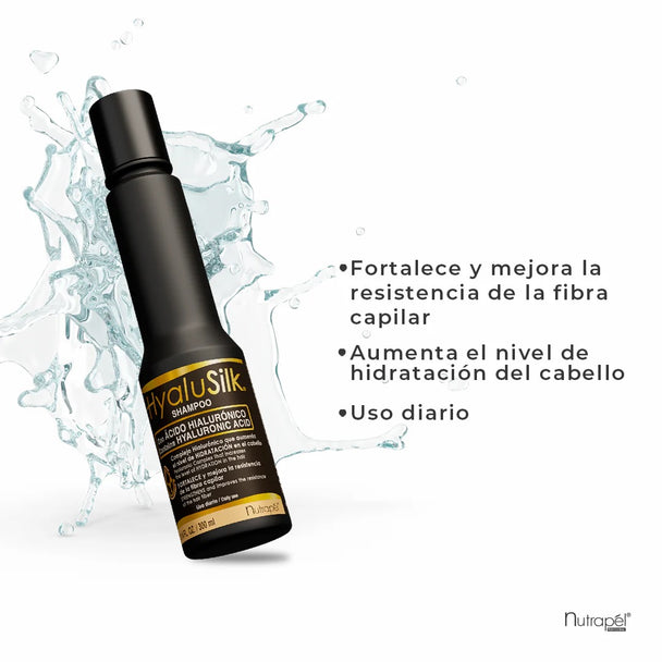 shampoo y tratamiento bifásico con acido hialuronico keratina y seda HYALUSILK NUTRAPEL 300 ml c/u
