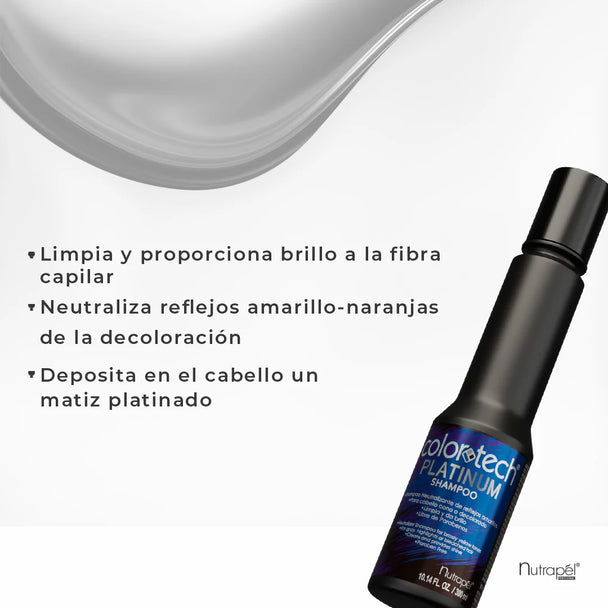 paquete de shampoo matizador y mascarilla para cabello PLATINUM COLORTECH NUTRAPEL libre de parabenos 300 ml c/u