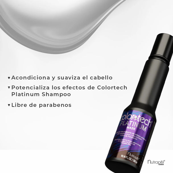 paquete de shampoo matizador y mascarilla para cabello PLATINUM COLORTECH NUTRAPEL libre de parabenos 300 ml c/u